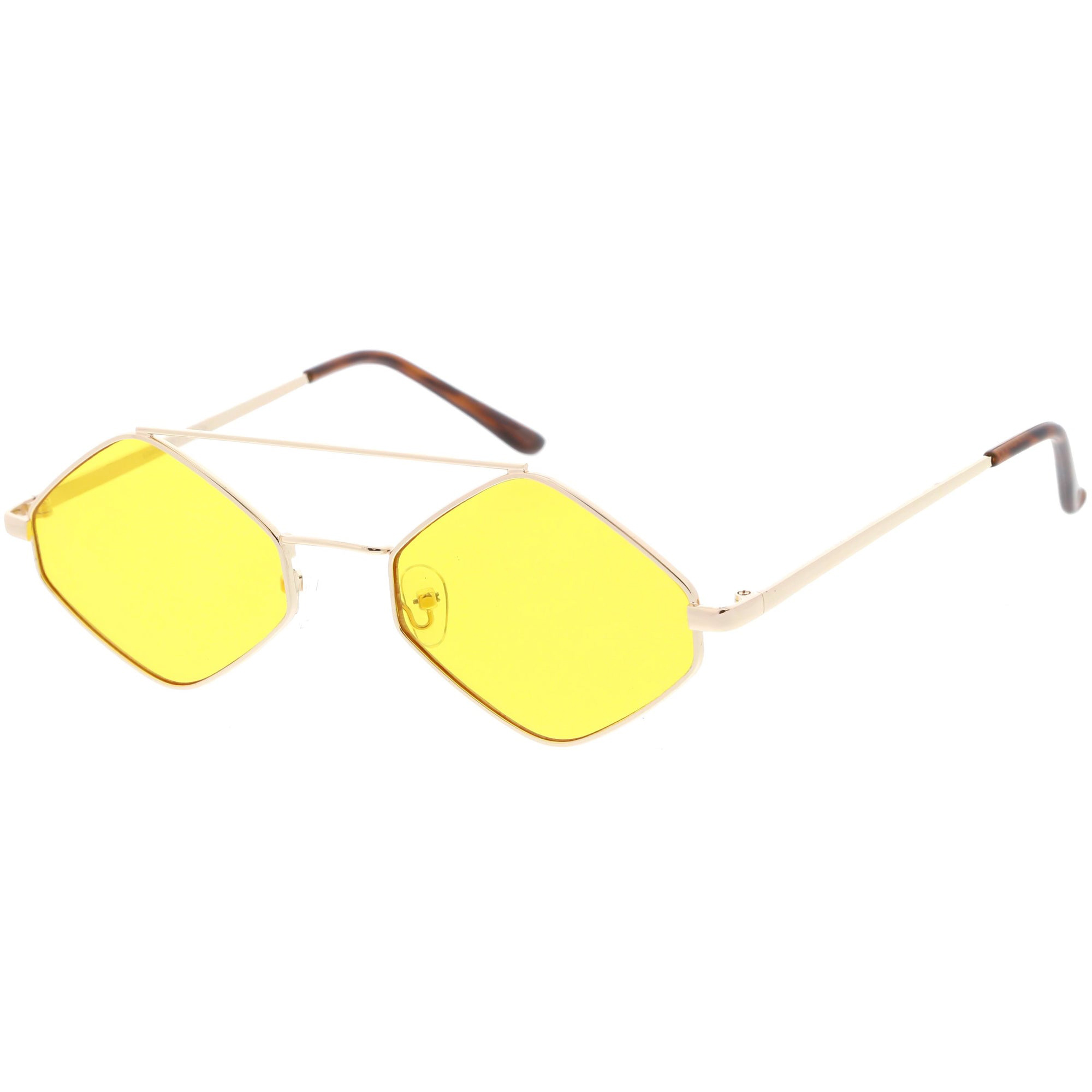 Retro Hexagon Diamond Shaped Color Toned Flat Lens Sunglasses