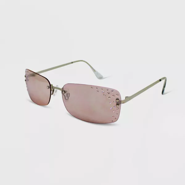 Women's Rhinestone Rimless Metal Rectangle Sunglasses